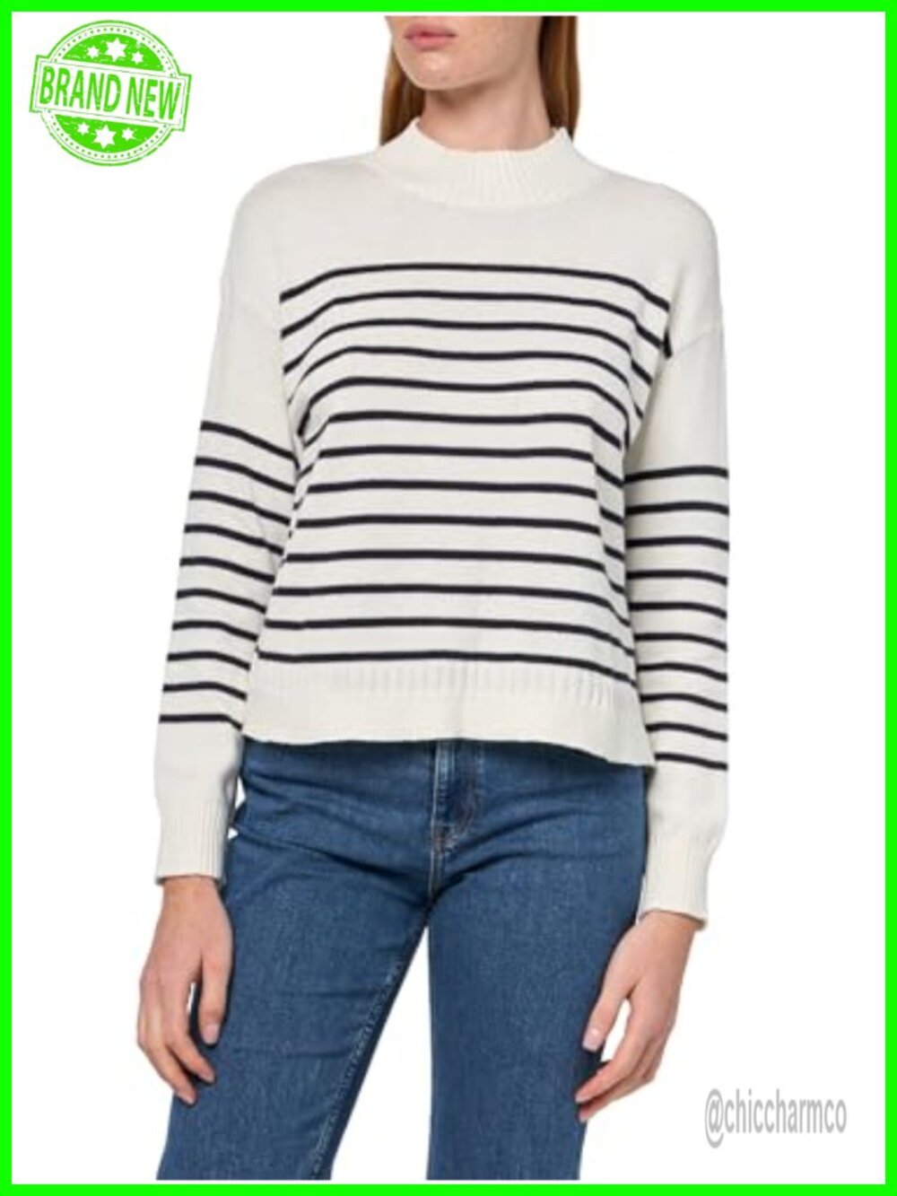 Long Sleeve Mockneck Pullover Sweater - Striped Cotton Blend (80)